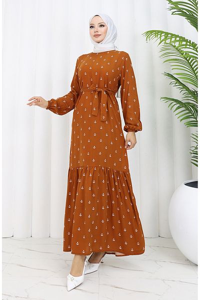 sefamerve Φόρεμα Berra Anchor Pattern Cotton Viscose 0344-03 Tan