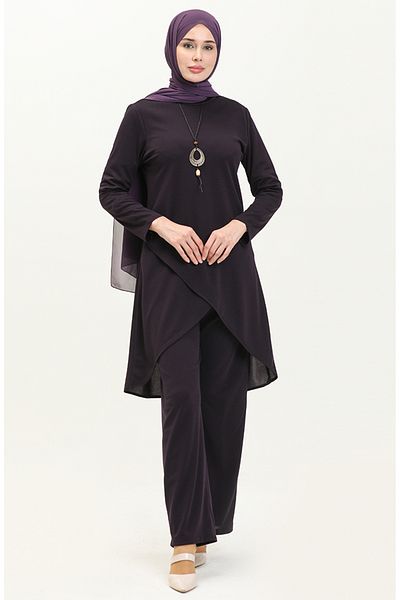 sefamerve Lila Tunika- und Hosen-Set mit Halskette – 0704-05