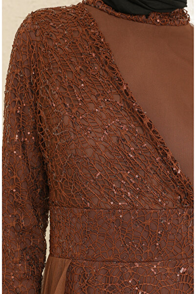 sefamerve Payetli Tül Abiye Elbise 5345-16 Kahverengi