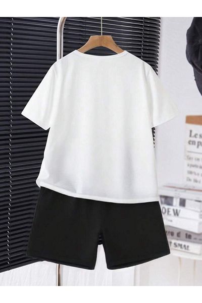 vinraus Girl\Boy White-Black Ny Ny Printed Combed Cotton Shorts-Tshirt Set
