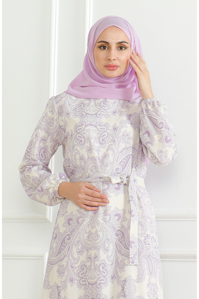 sefamerve Desenli Kuşaklı Keten Elbise 0471C-02 Lila