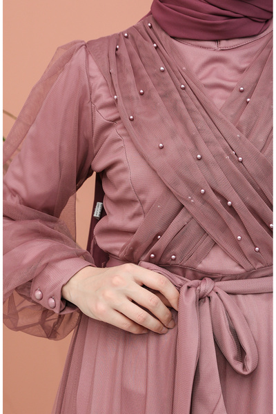 sefamerve İncili Tül Abiye Elbise 81778-05 Gül Kurusu