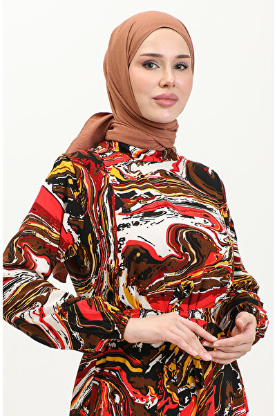 sefamerve Φόρεμα με μοτίβο από βισκόζη - Καφέ/Κόκκινο 0424-04