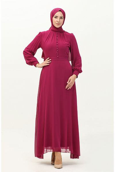 sefamerve Fuchsiafarbenes Chiffon-Abendkleid mit Knopfdetail und Schärpe 5695A-03