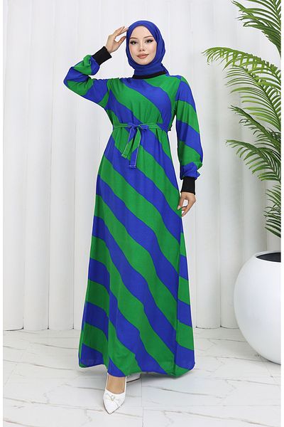 sefamerve Saks Green Viscose φόρεμα - με γεωμετρικό σχέδιο και φύλλο 0460-02