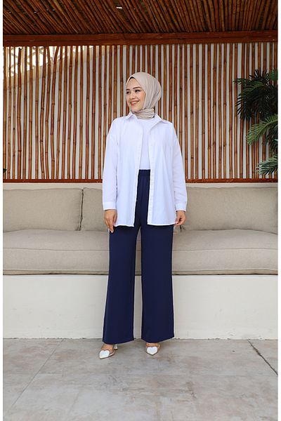 sefamerve Dark Navy Blue Wide Leg Trousers with Aerobin Fabric - 1006-11