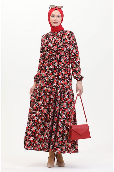 sefamerve Red Black Patterned Viscose Dress - Lace up Waist 0488-01