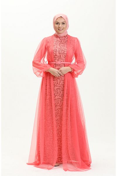 sefamerve Coral Sequin Belted Evening Dress - 5383-15