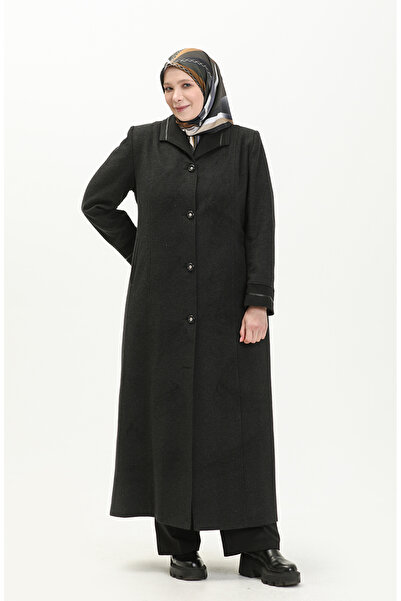 sefamerve Büyük Beden Boydan Düğmeli Kaşe Manto 0329-03 Füme