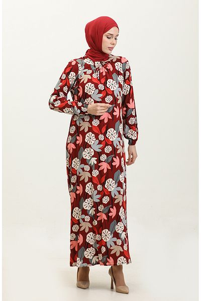 sefamerve Φόρεμα βισκόζης με μπορντό σχέδιο Plus Size - 44851G-01