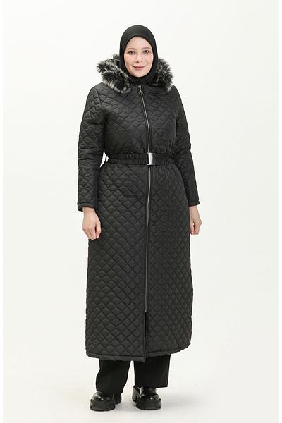 sefamerve Μαύρο Καπιτονέ Παλτό 5158-04 - Plus Size και ζώνη