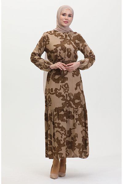 sefamerve Mink Brown Patterned Skirt Gathered Dress - 0451-04