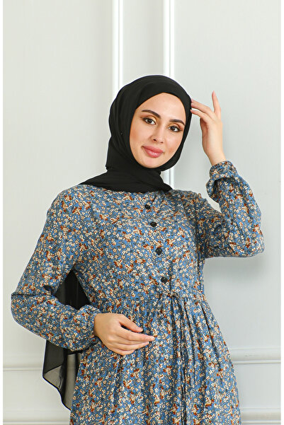 sefamerve Yarım Düğmeli Desenli Viskon Elbise 0500-05 İndigo