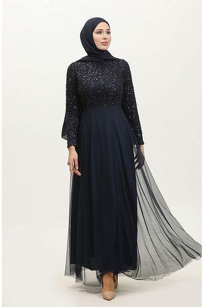 sefamerve Βραδινό φόρεμα με δαντέλα Navy Blue - 5353A-11