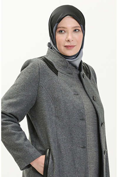 sefamerve Gray Stamped Coat - Plus Size, Neck Buttoned, 0417-02