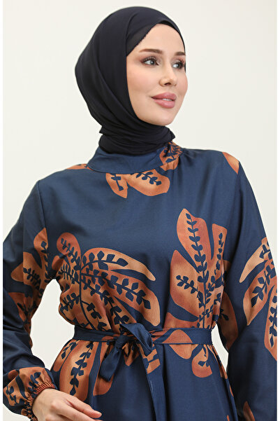 sefamerve Тъмносиня кафява рокля от креп с флорални шарки - 0350-02