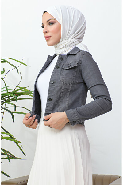 sefamerve Düğmeli Bolero Kot Ceket 37001-04 Gri