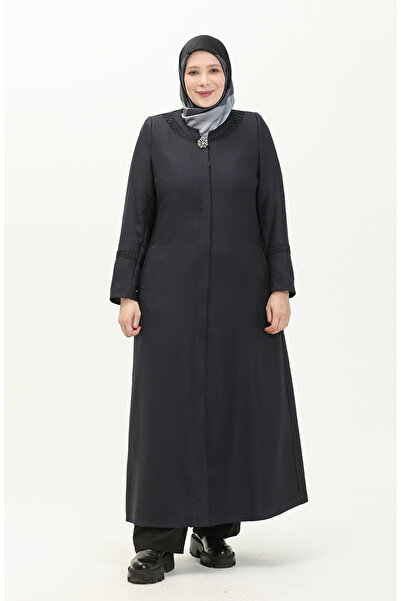 sefamerve Büyük Beden Broşlu Pardesü 0472-03 Lacivert