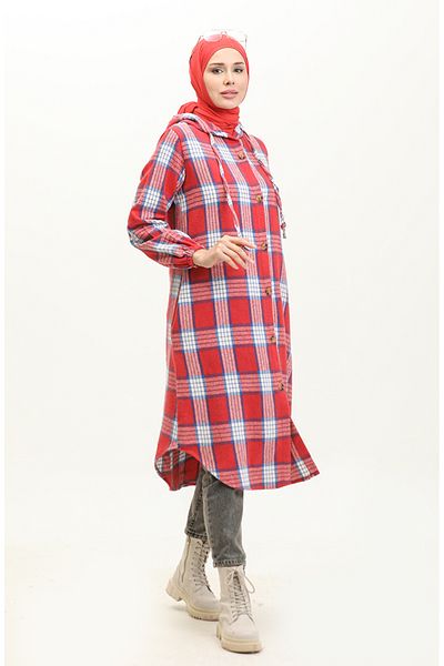 sefamerve Plaid Pattern Hooded Cap Nzr001C-06 Red Indigo