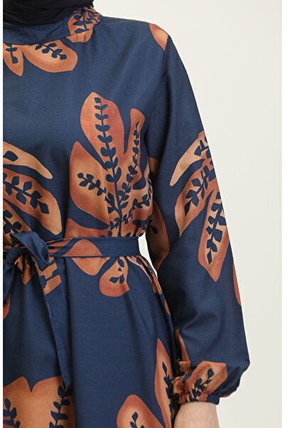 sefamerve Тъмносиня кафява рокля от креп с флорални шарки - 0350-02