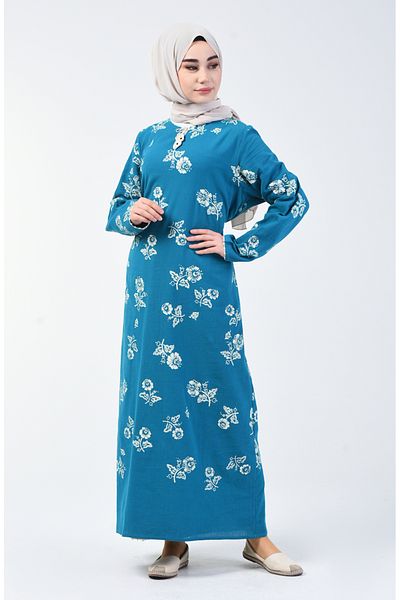 sefamerve Rochie din pânză Şile cu modele de culoare petrol - 0450-10