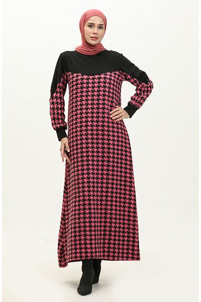 sefamerve Μαύρο ροζ φόρεμα Houndstooth - 0183-02