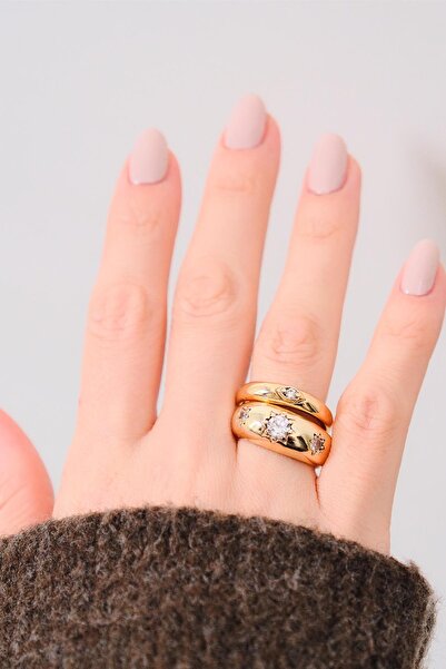 AURRARİ Gold 2'li Zirkon Taşı Bombeli Yüzük Seti