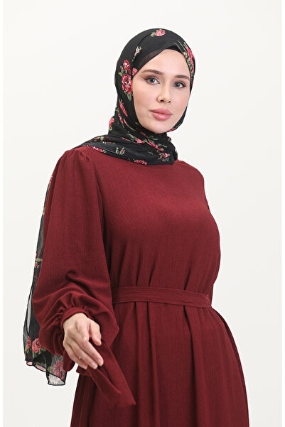 sefamerve Burgundy Sleeve Gathered Dress - 1053-05