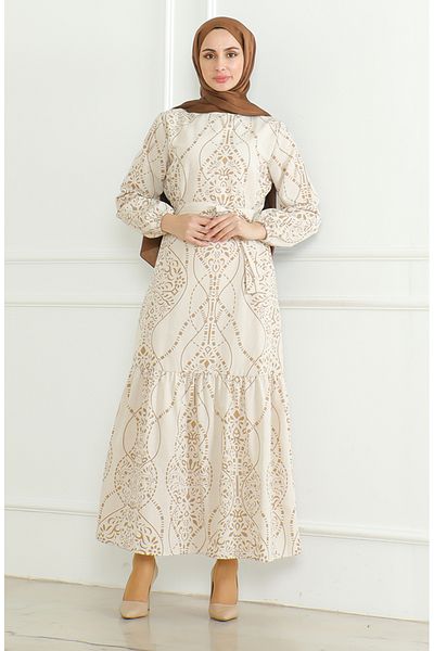sefamerve Leinenkleid 0471E-02 Beige Milchbraun – Gemustert und mit Gürtel