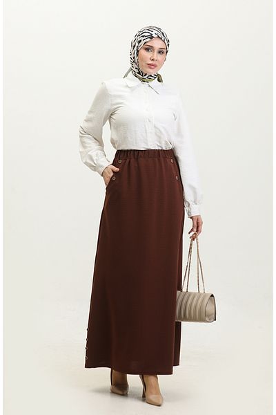 sefamerve Tan Plus Size Φούστα 4208-02 - Λεπτομέρεια με κουμπιά