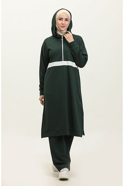 sefamerve Emerald Green Hooded Double Suit - 3020-05 με φερμουάρ