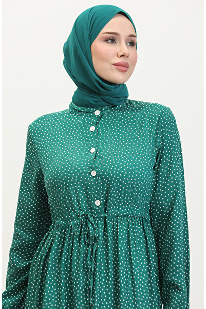 sefamerve Puantiye Desen Belden Büzgülü Elbise 0372-04 Zümrüt Yeşili