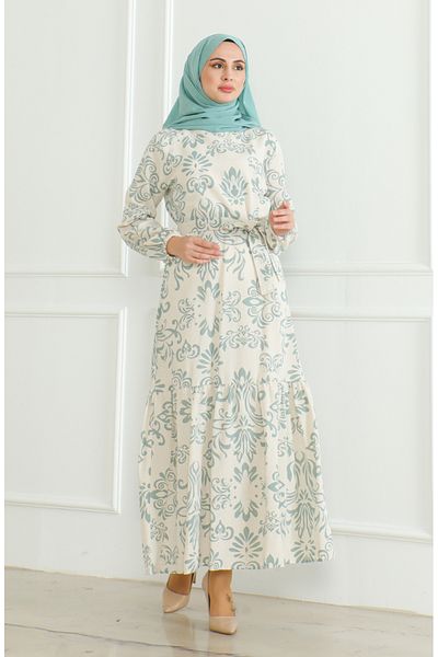 sefamerve Beiges Leinenkleid – mit Muster und Gürtel, Grün 0471B-02