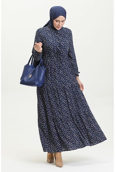 sefamerve Navy Blue Viscose Μικρό Floral Φόρεμα - 0391-01