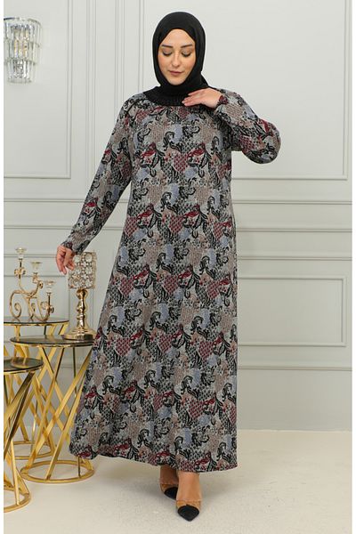 sefamerve Φόρεμα βισκόζης με μπορντό σχέδιο Plus Size - 4447E-01