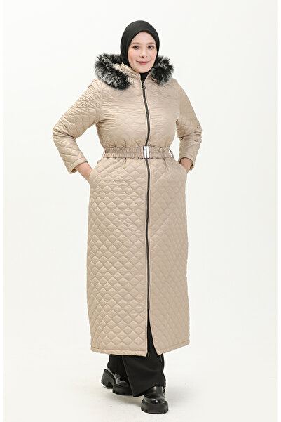 sefamerve Büyük Beden Kemerli Kapitone Mont 5158-01 Bej