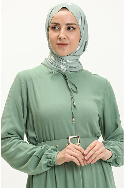 sefamerve Πράσινο φόρεμα βισκόζης με ζώνη και κορδόνι 2202-03