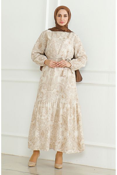 sefamerve Beiges Leinenkleid – mit Muster und Gürtel 0471C-04