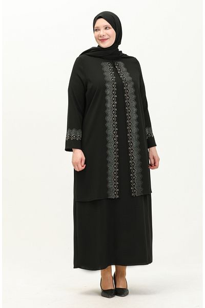 sefamerve Μαύρο βραδινό φόρεμα με πέτρινο εμπριμέ Plus Size - 6092-04