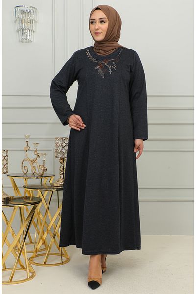 sefamerve Πλεκτό φόρεμα Navy Blue Embroidered Plus Size - 4878-02
