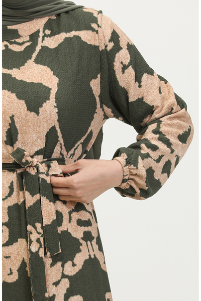 sefamerve Yezra Desenli Kuşaklı Elbise 0345-01 Haki Bej