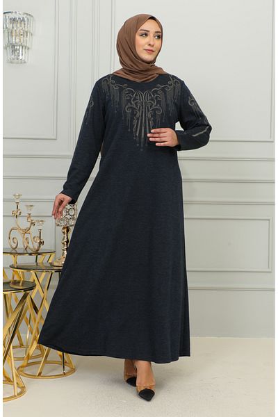 sefamerve Φόρεμα Navy Blue Viscose Embroidered Plus Size - 4958-02