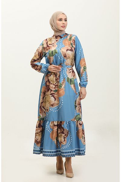 sefamerve Μπλε Καφέ Κρεπ Φόρεμα - Floral Pattern, Μοντέλο 0350-01