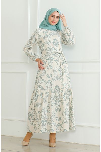 sefamerve Beiges Leinenkleid – mit Muster und Gürtel, Grün 0471B-02