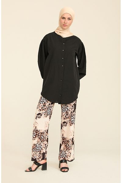 sefamerve Pantaloni cu imprimeu creponat negru ecru - 6568-01