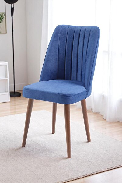 MYMASSA Polo Sandalye - Jerika Mavi Kumaş - Ahşap Ceviz Ayak - Mutfak Sandalyesi - Salon Sandalyesi