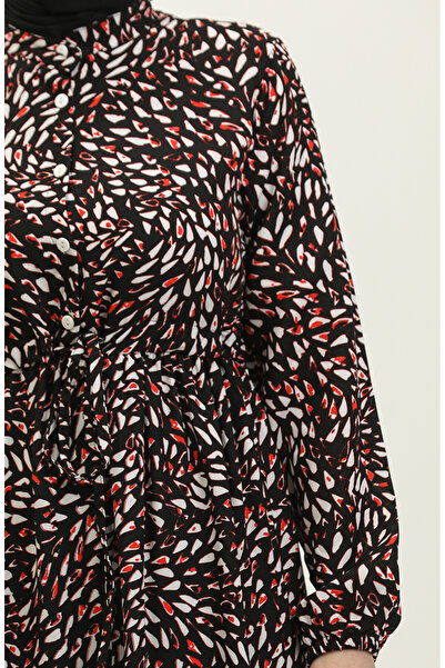 sefamerve Μαύρο Φόρεμα Viscose - Feray 0339-01, Μπροστινό Κουμπί επάνω