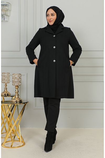 sefamerve Μαύρο Παλτό Cashmere Plus Size 1176-01 - Με κουμπιά