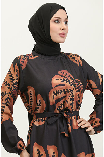 sefamerve Μαύρο καφέ φόρεμα κρεπ με φλοράλ στάμπα - 0350A-01