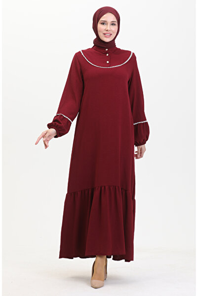 sefamerve Burgundy Embroidered Elastic Sleeve Dress - 0470-03